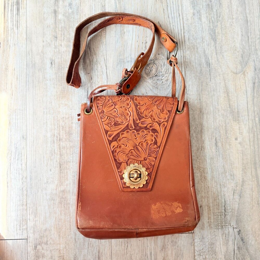 Vintage Tooled Leather Western Crossbody Bag Brown Floral Cowboy Purse